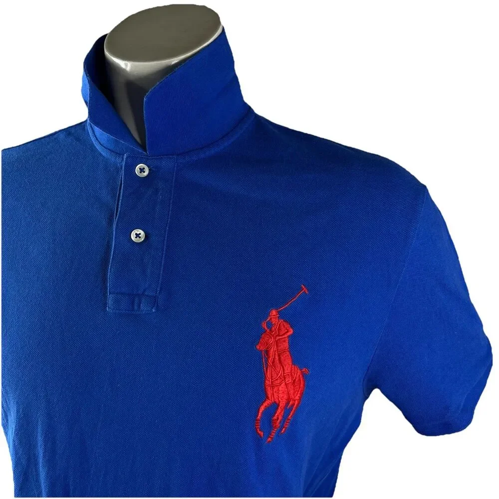 Polo Ralph Lauren Men XL Big Red Pony #3 Blue Short Sleeve Shirt Custom Slim Fit
